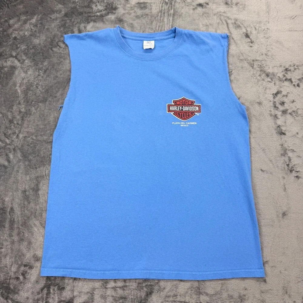 Harley Davidson Playa Del Carmen Mexico Sleeveless T-Shirt Mens Large Blue - Picture 3 of 9